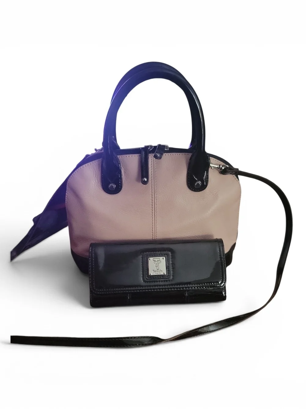 Tignanello Blush Leather and Black Patent Dome Satchel with Matching Wallet
